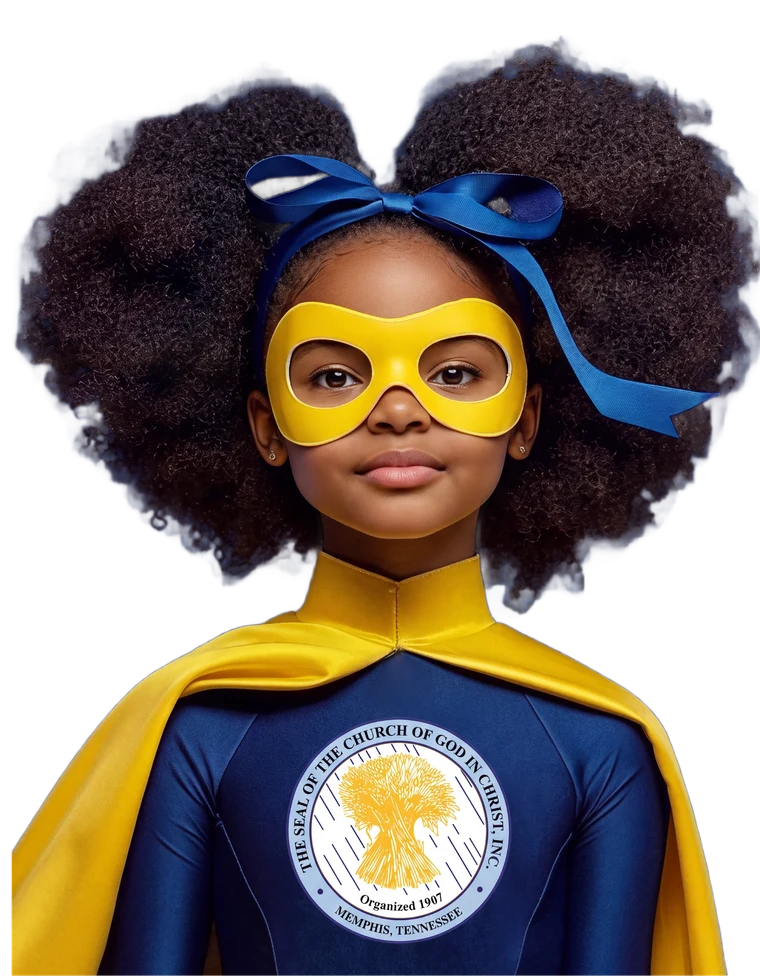Sunshine Superhero girl wearing the COGIC seal